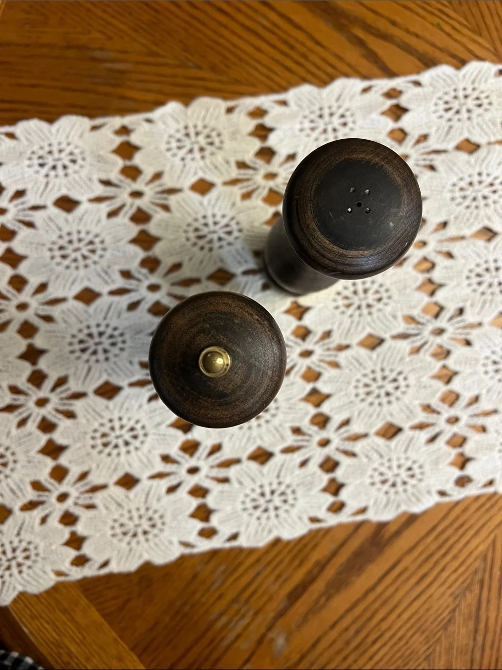 Vintage MCM Wooden Salt shake and Pepper Mill Set with Brass Accents - Brown
